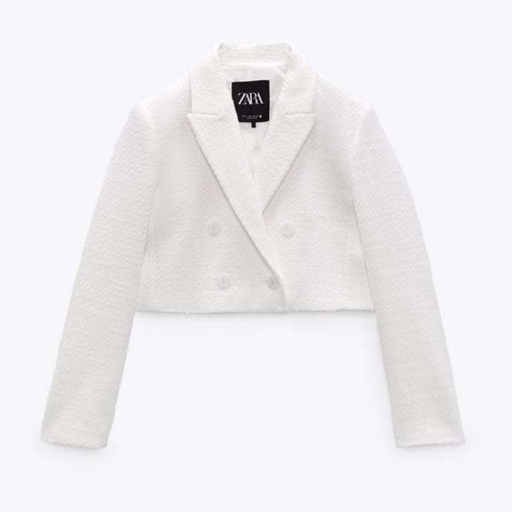 NWT ZARA Short Casual Style Plain Cotton Tweed Jacket blazer ecru off white M